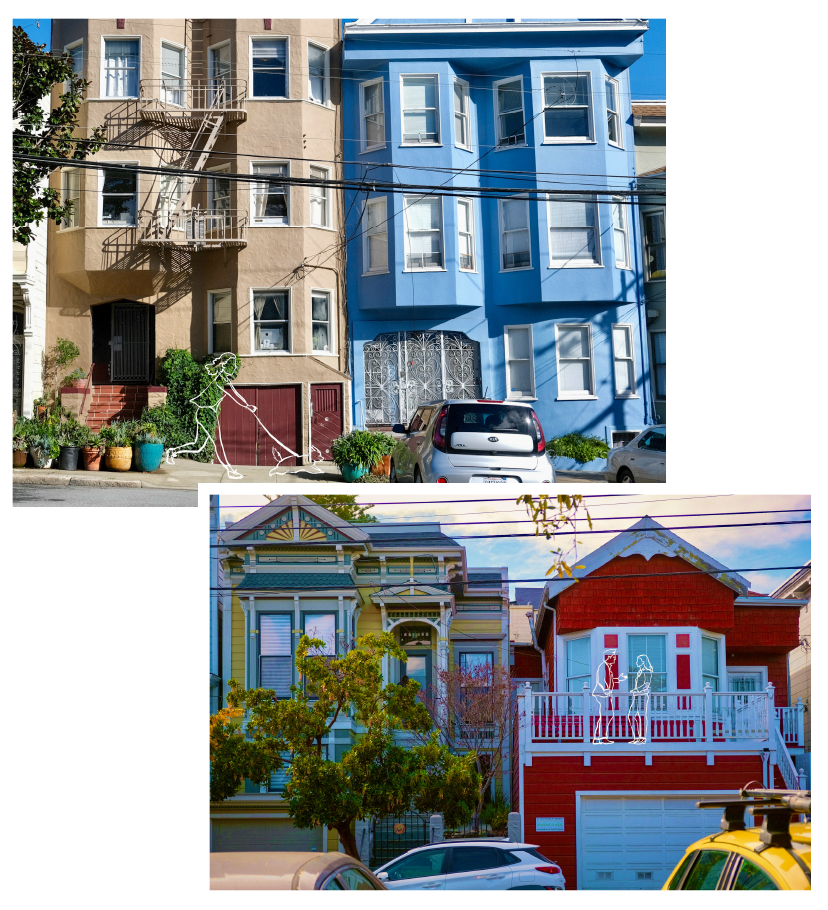 Photo collage 2 photos: one photo of a tan and light blue house side by side, with an illustration of a lady walking her dog overlayed; another photo of a colorful teal and yellow house beside a red one, with an illustration of a couple chatting on the deck overlayed.